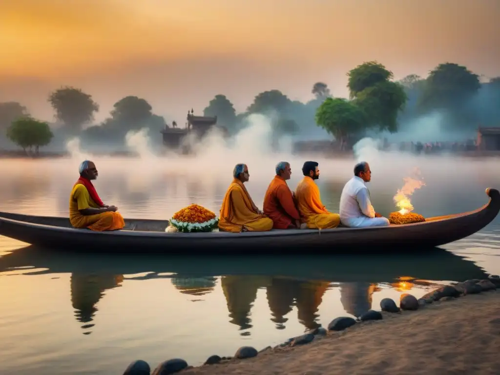 Ceremonia funeraria hindú al atardecer en un río