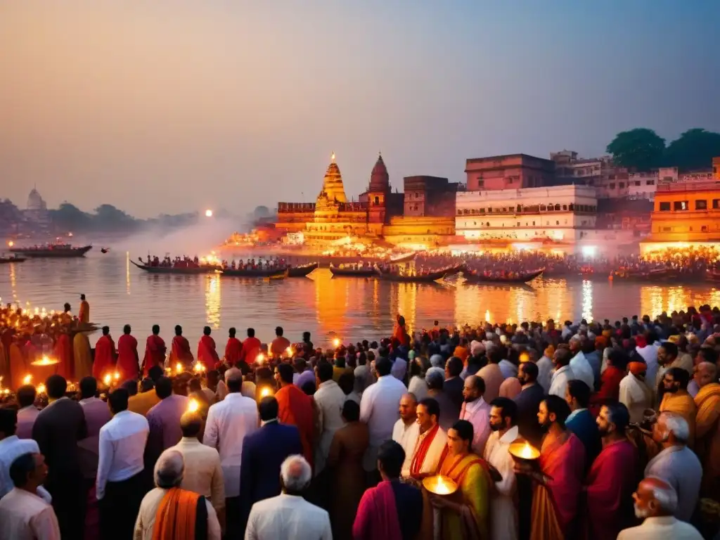 La ceremonia del Ganga Aarti en Varanasi, con sacerdotes y devotos a orillas del Ganges al atardecer