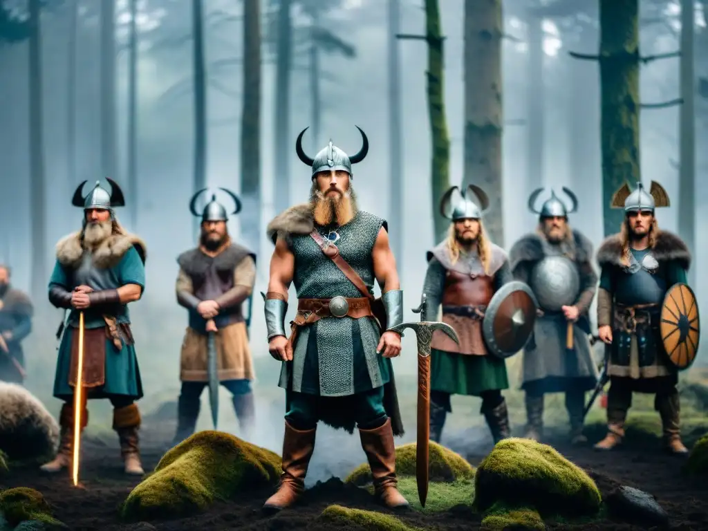 Ceremonia de iniciación de guerreros vikingos en un bosque neblinoso, rodeados de runas antiguas y portando armas