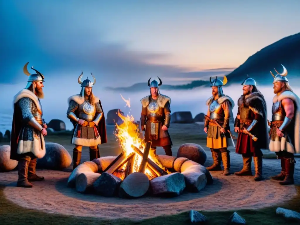 Ceremonia de iniciación de guerreros vikingos alrededor de la hoguera bajo el cielo estrellado