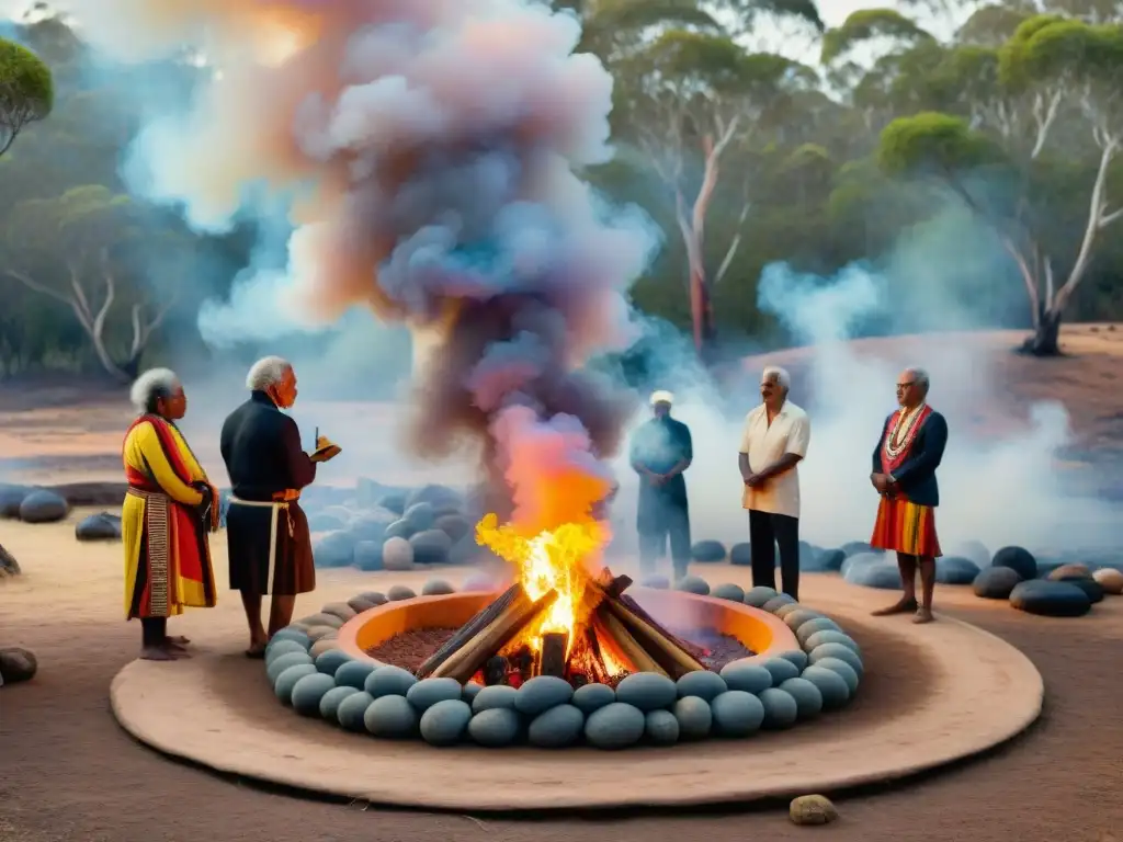 Ceremonia de humo sagrado en lugar de culto aborigen restaurado