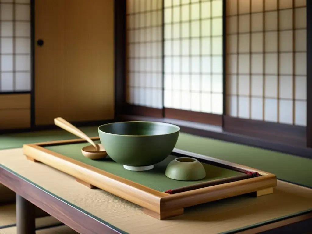 Ceremonia del Té en Japón: Un maestro realiza con gracia la ceremonia en un salón japonés sereno y minimalista