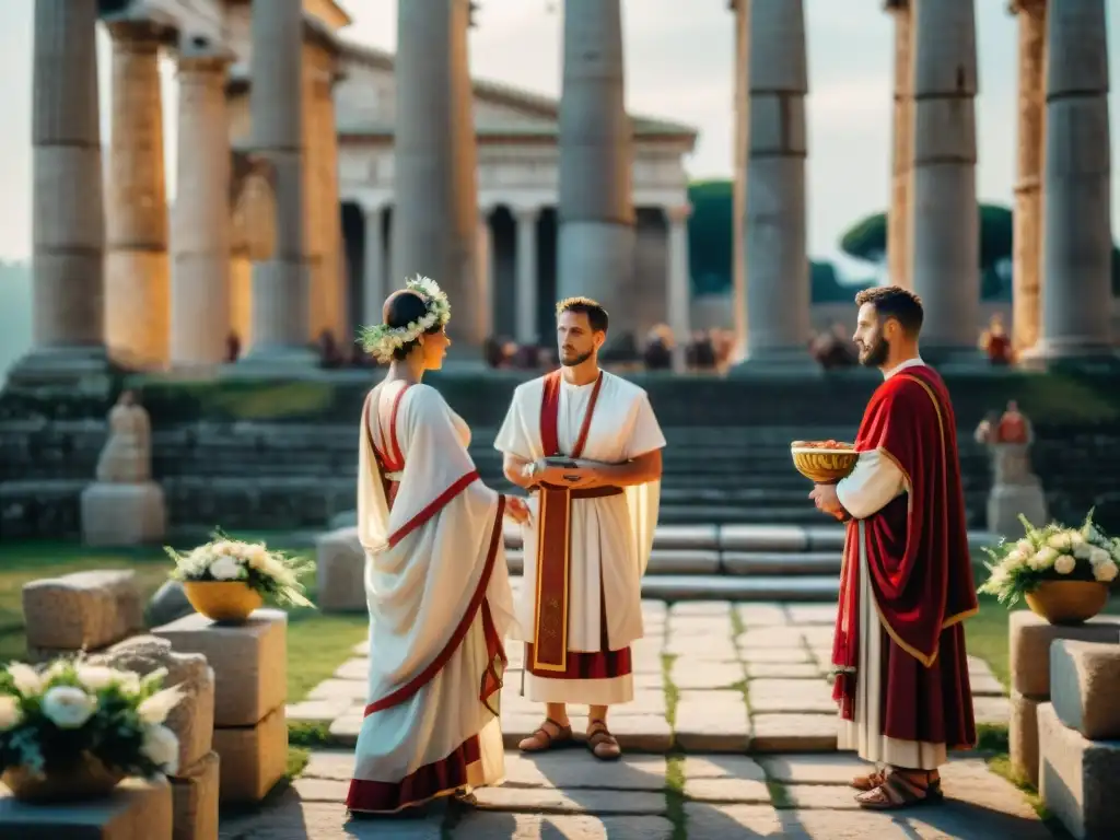 Una ceremonia de matrimonio romano en confarreatio, destacando los rituales y vestimenta de la época