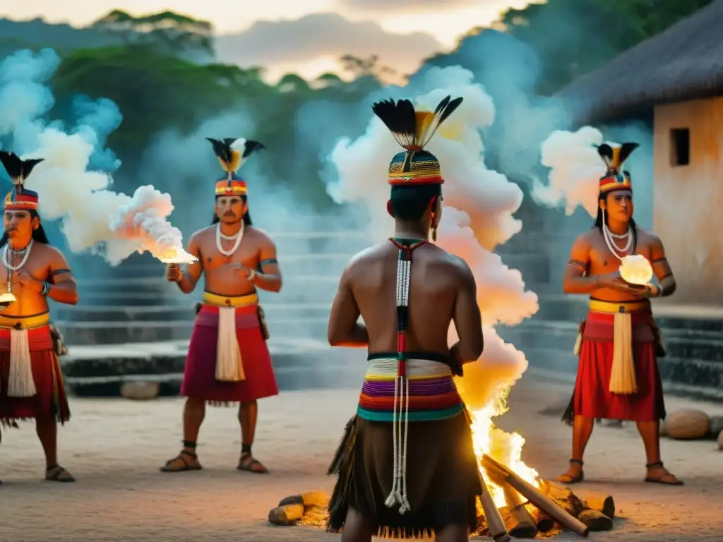 Ceremonia maya en honor a Xibalbá, con misteriosos rituales y coloridos atuendos, en medio de ruinas ancestrales