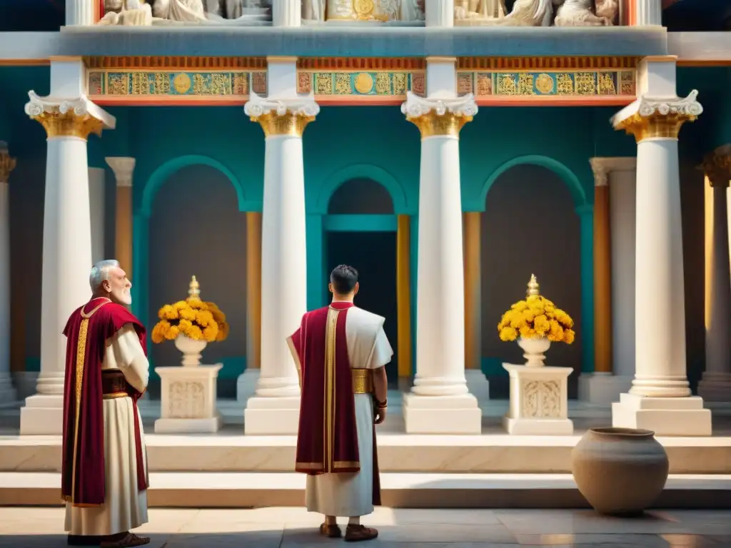 Ceremonia mística: sacerdotes romanos con vestimentas ornamentadas frente a templo de mármol