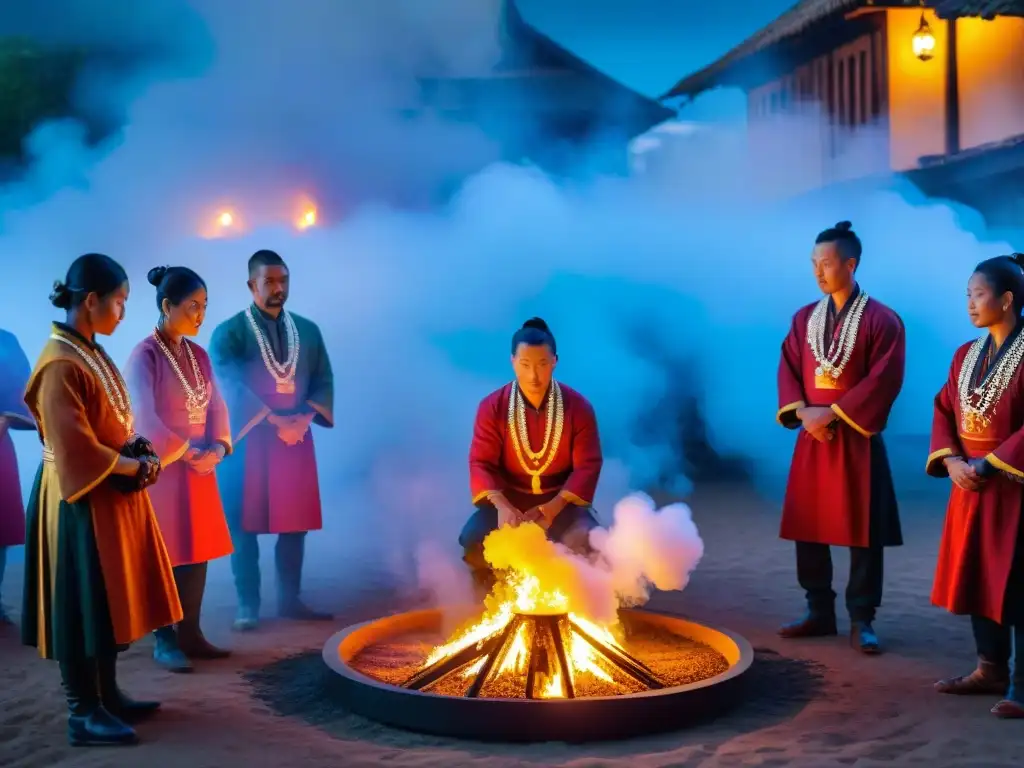 Ceremonia de molybdomancia con plomo derretido y predicciones, colores vibrantes y texturas detalladas