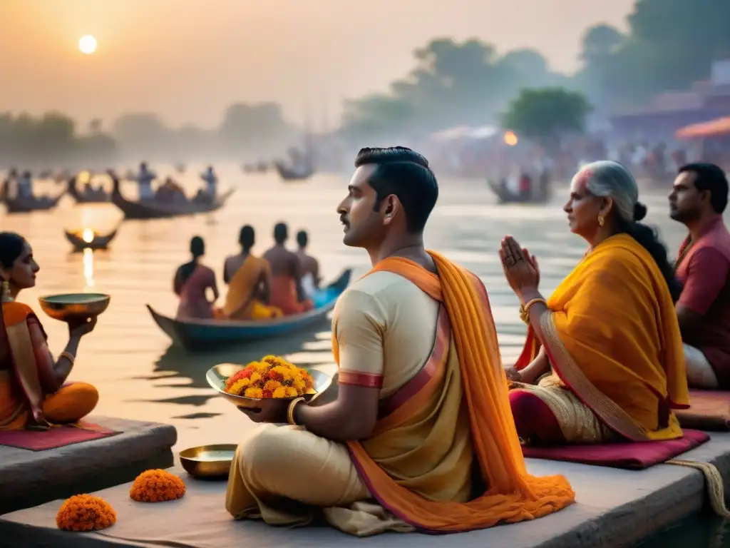 Una ceremonia de puja hindú en el Ganges en Varanasi, India