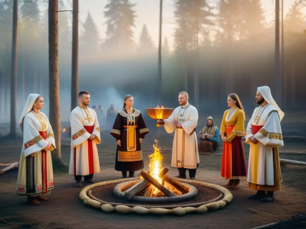 Ceremonia religiosa eslava en el bosque al atardecer: sincretismo religioso mundo eslavo