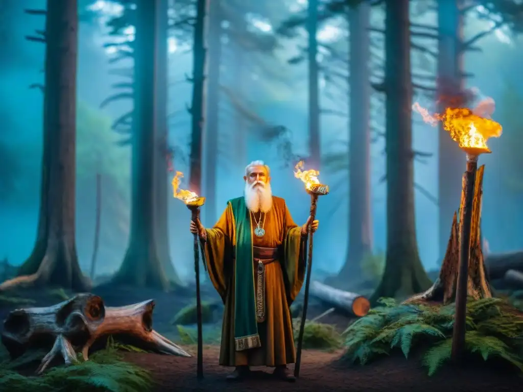 Ceremonia de renacimiento druídico: sabiduría ancestral moderna en un bosque místico al anochecer
