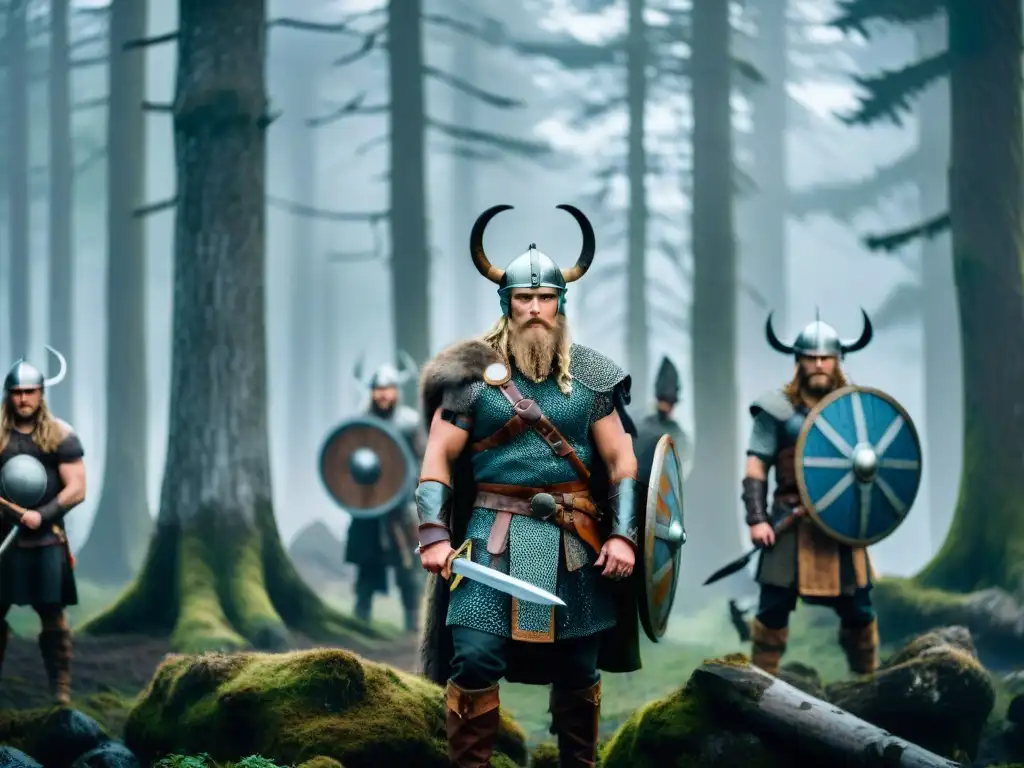 Ceremonia ritual de iniciación de guerreros vikingos en un bosque místico y atmosférico