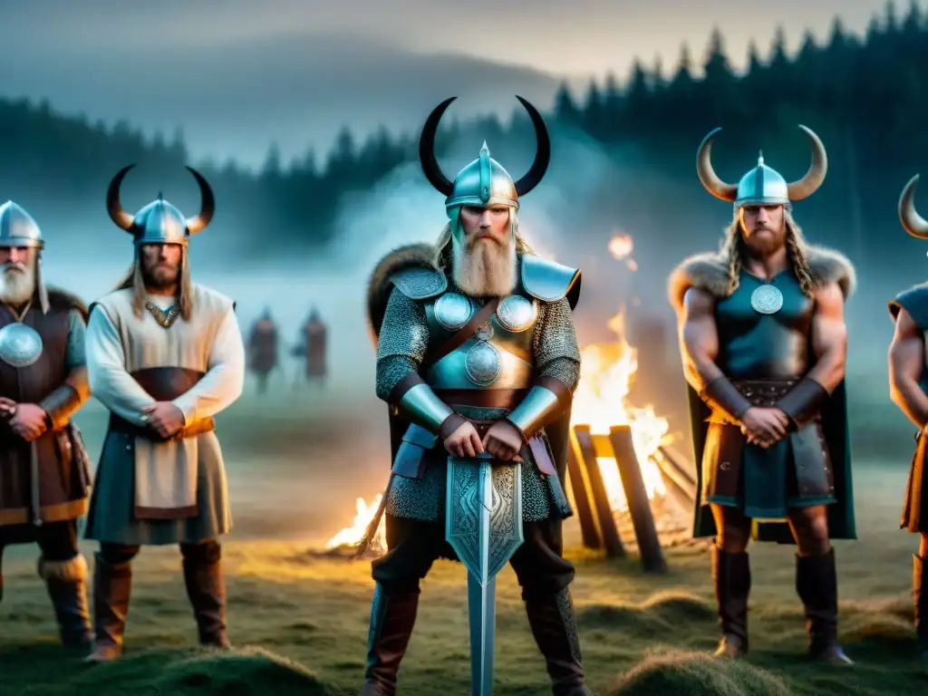 Ceremonia ritual de iniciación de guerreros vikingos en la noche, rodeados de antorchas en un bosque místico