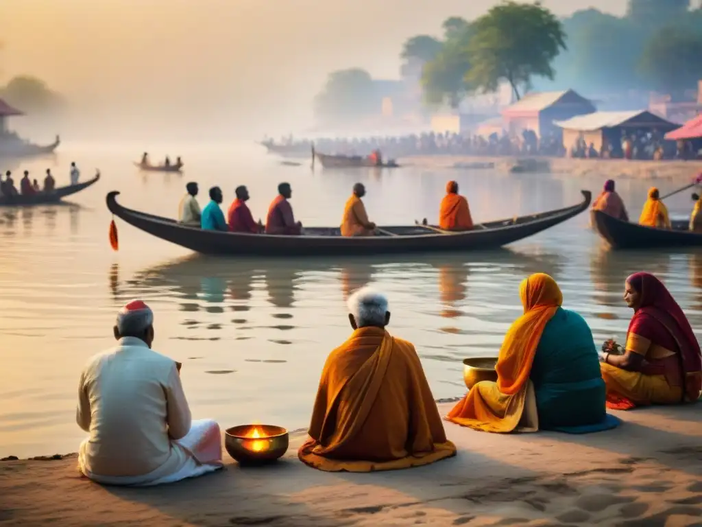 Una ceremonia sagrada en Varanasi, India, donde participantes realizan rituales de paso a orillas del río Ganges