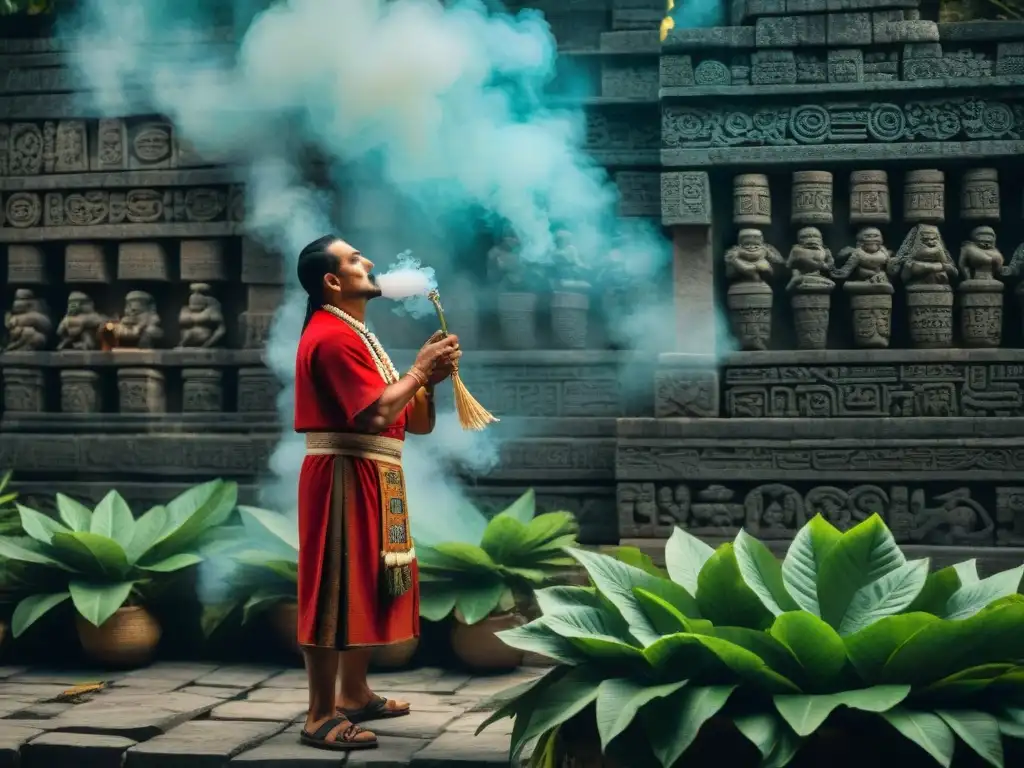 Ceremonia sagrada de un sacerdote maya con hojas de tabaco, rodeado de símbolos en templo, reflejando el tabaco en civilizaciones precolombinas