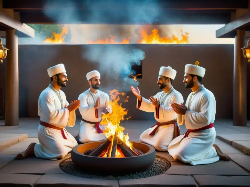 Ceremonia sagrada de sacerdotes zoroástricos frente al fuego en templo iluminado