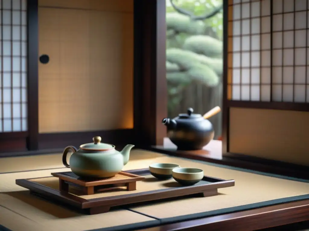 Ceremonia del Té en Japón: Sala de té japonesa tradicional con tatamis, puertas de papel y mesa de té de madera