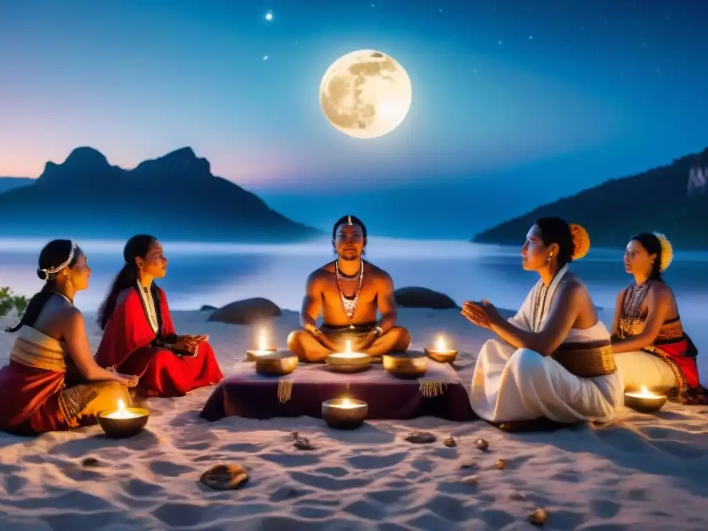 Ceremonia de sanación ancestral bajo la Luna en la Medicina Antigua, con chamanes, velas y hierbas