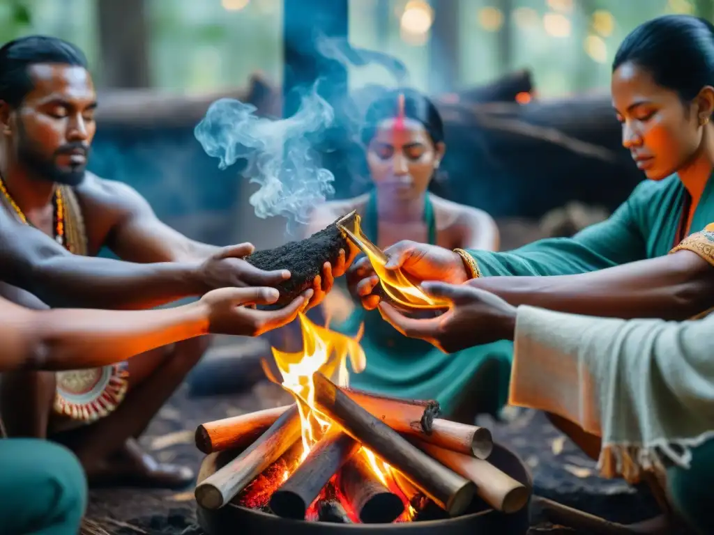 Ceremonia de sanación con fuego en la selva, manos sobre las llamas, humo y rostros iluminados