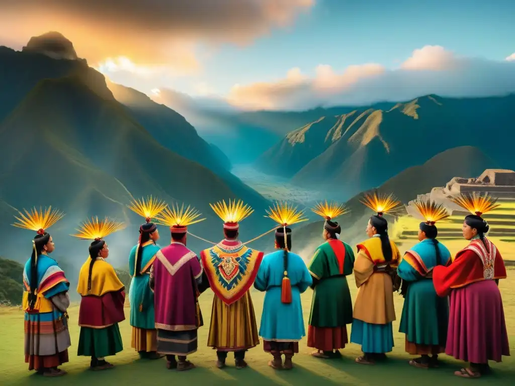 Ceremonia de renovación del Sol Inca con descendientes en atuendos tradicionales, en la montaña al atardecer