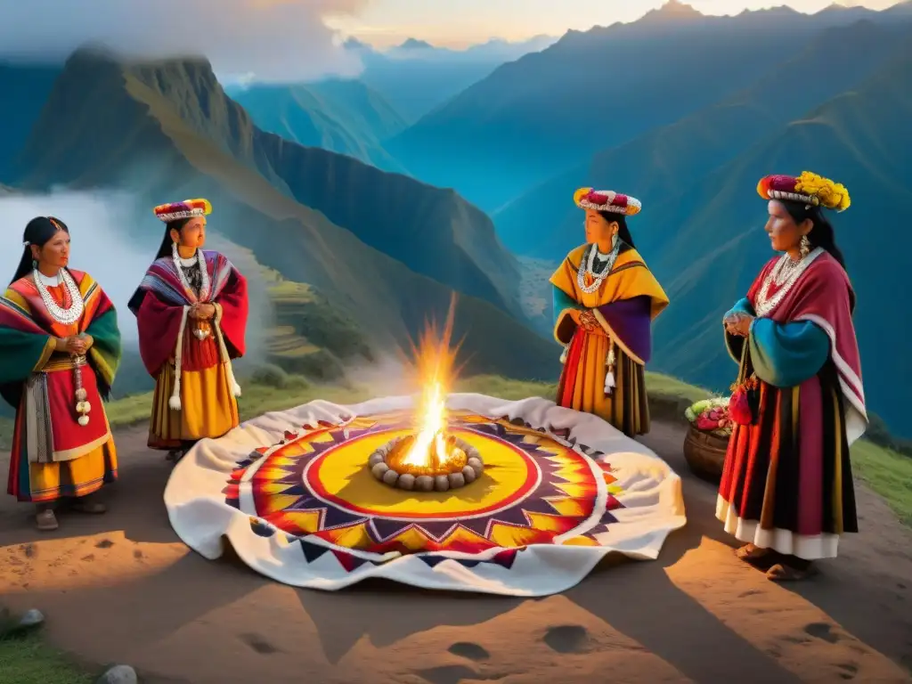 Ceremonia de renovación del Sol Inca al amanecer en los Andes con descendientes vestidos tradicionalmente