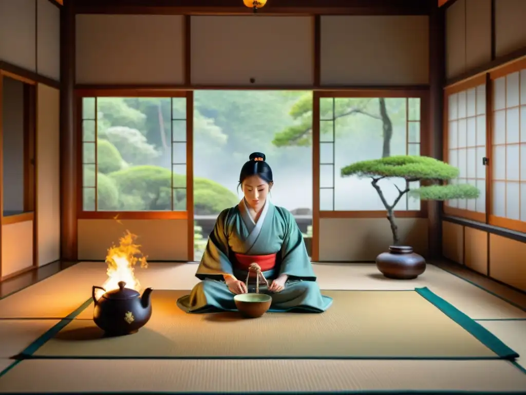 Ceremonia de té japonesa con samurái en tatami, fusionando ética guerrera, honor y historia japonesa