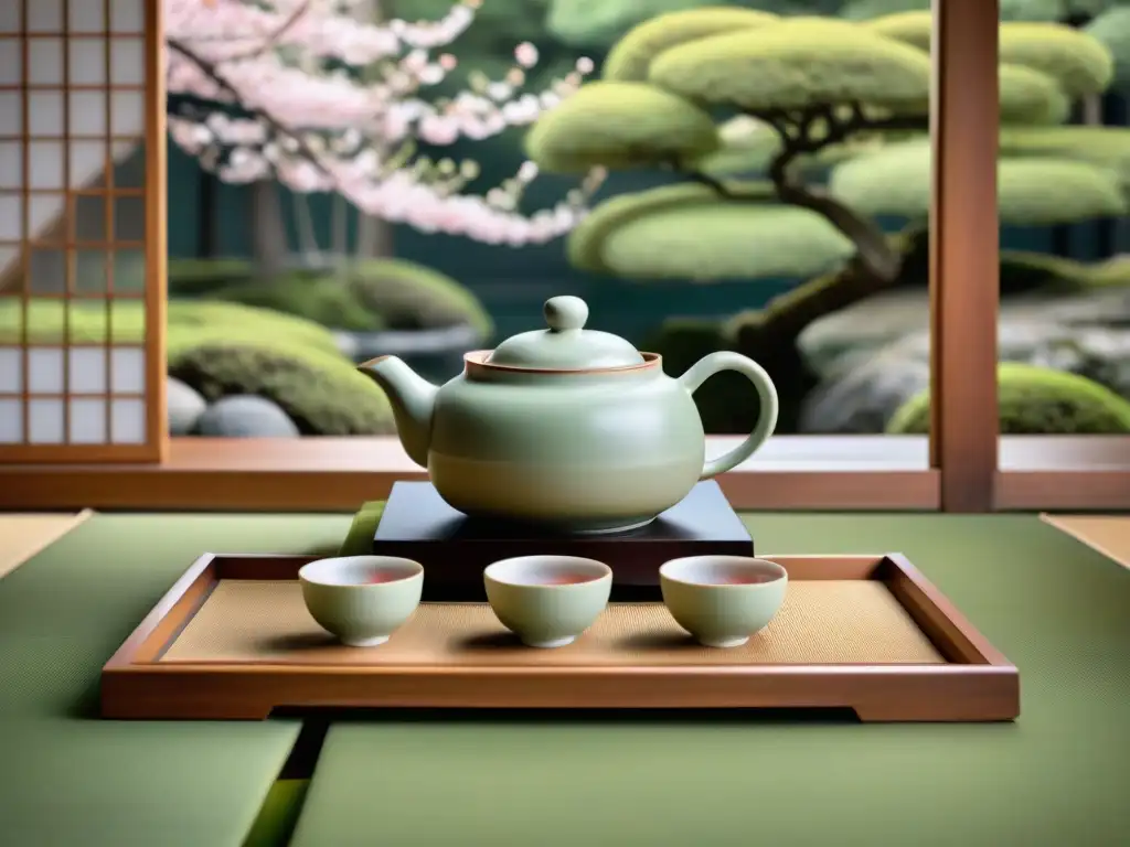 Una ceremonia de té japonesa en un tatami tradicional, con tazas de porcelana y jardín de sakura en flor