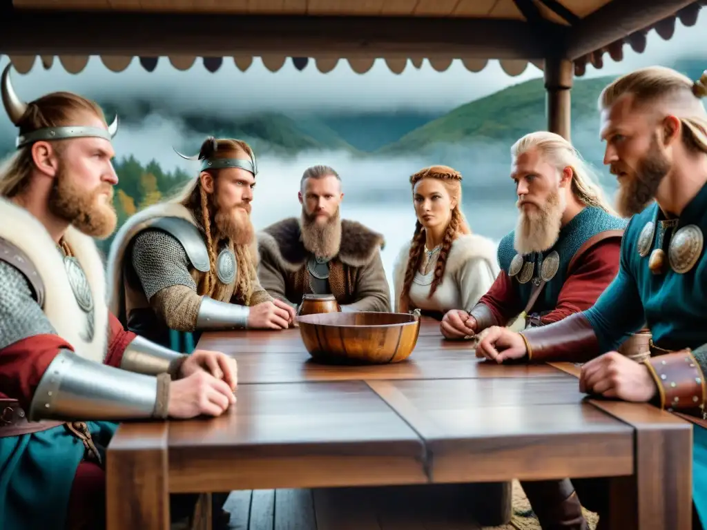 Ceremonia vikinga con copas de hidromiel en mística reunión alrededor de la mesa de madera en el bosque nórdico