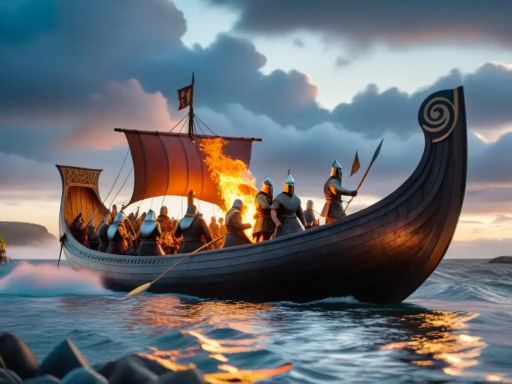 Ceremonia vikinga de prácticas funerarias significado: barco en llamas rodeado de figuras solemnes en atuendo tradicional