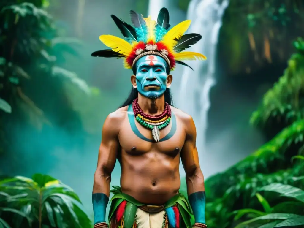 Un chamán del Amazonas con plumas y pintura corporal, en la selva, conectando con la sabiduría ancestral