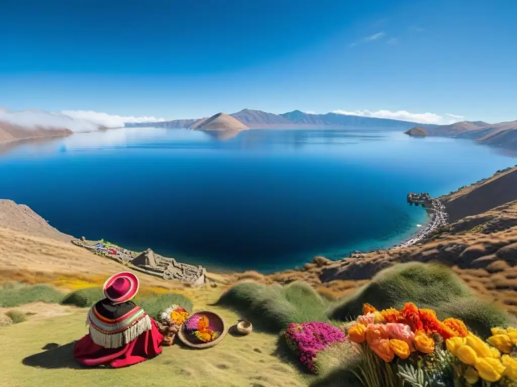 Un chamán andino realiza un ritual sagrado junto al Lago Titicaca, rodeado de ofrendas y montañas nevadas