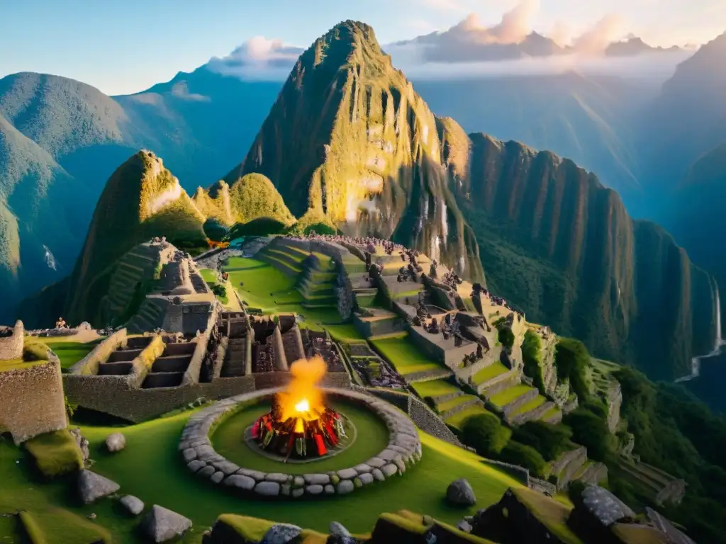 Un chamán realiza una ceremonia andina al amanecer en Machu Picchu, creando un ambiente espiritual único