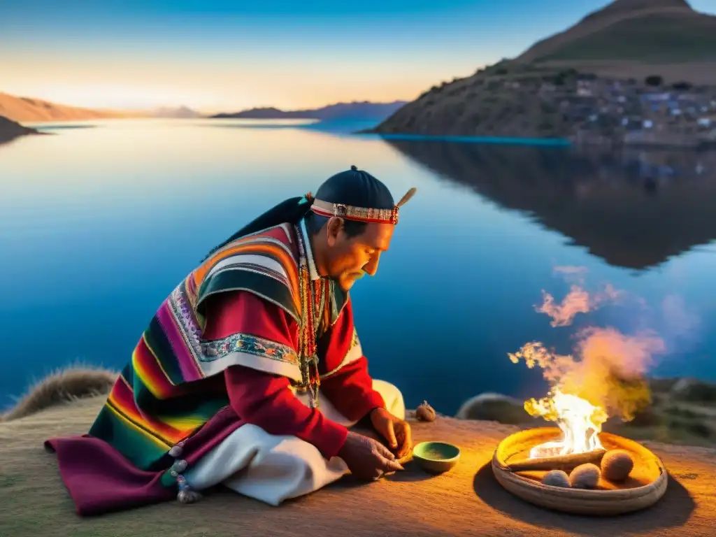 Un chamán realiza una ceremonia en el Lago Titicaca al amanecer, rodeado de ofrendas y paisajes andinos