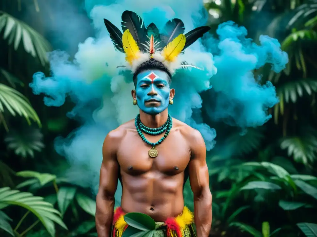 Un chamán realiza una ceremonia en la selva amazónica, rodeado de naturaleza y misticismo