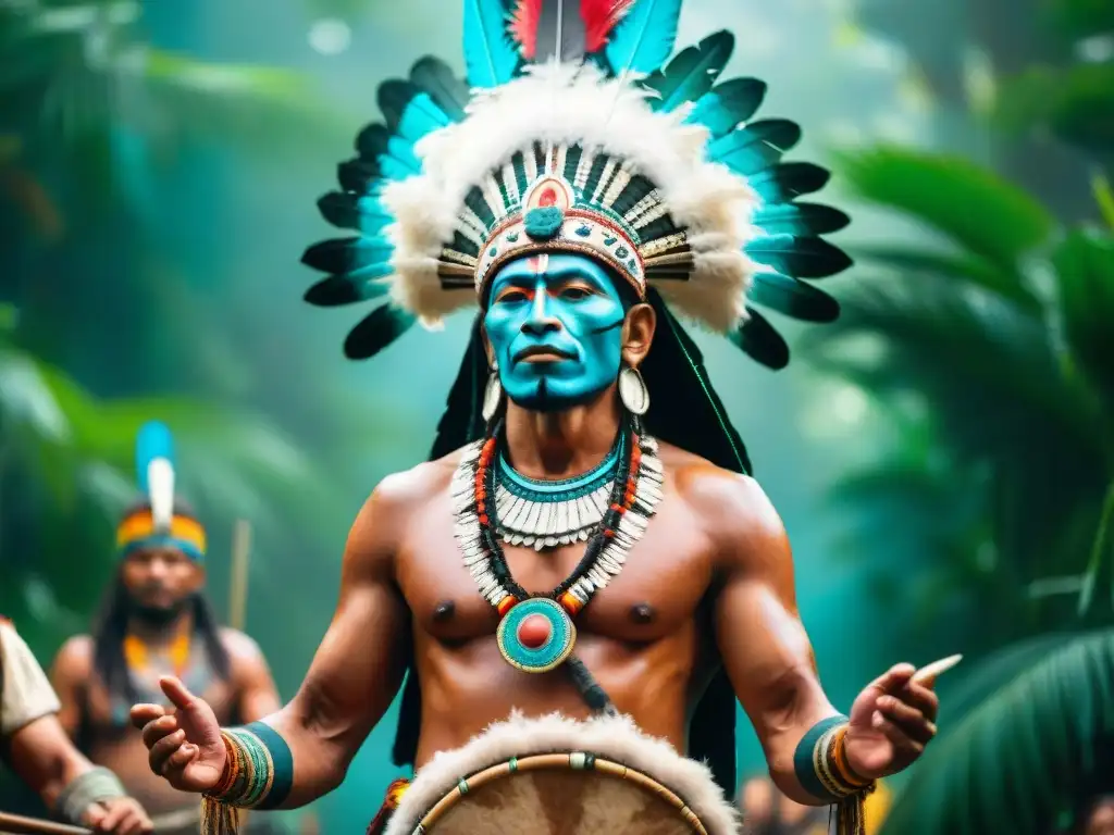 Un chamán de una civilización precolombina realiza un ritual con música chamánica en la selva