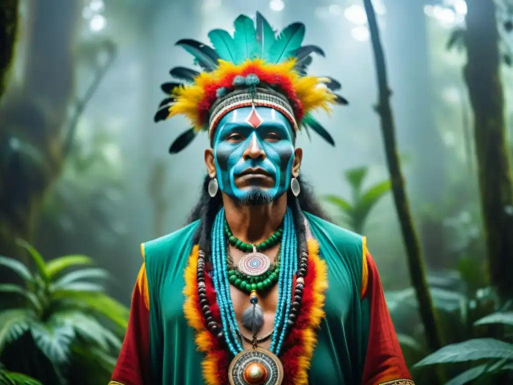 Shamán en la selva: misticismo y colorido ancestral Un chamán en un exuberante bosque, vestido con atuendo tradicional y accesorios, emitiendo una aura mística