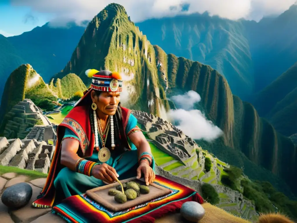 Un chamán inca realiza ritual de adivinación en Machu Picchu, rodeado de artefactos místicos y humo de incienso, con los Andes de fondo