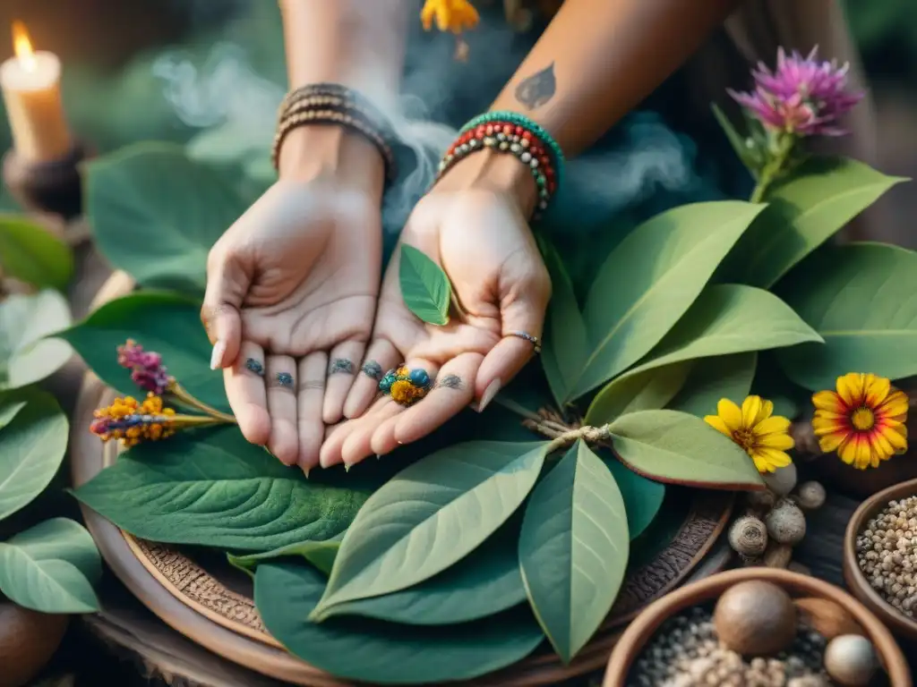 Un chamán prepara una infusión sagrada rodeado de naturaleza vibrante y herramientas tradicionales, en un resurgimiento de enteógenos en prácticas