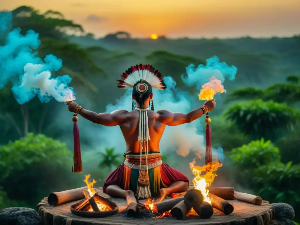 Un chamán maya realiza una ceremonia de fuego al atardecer en las selvas de Yucatán