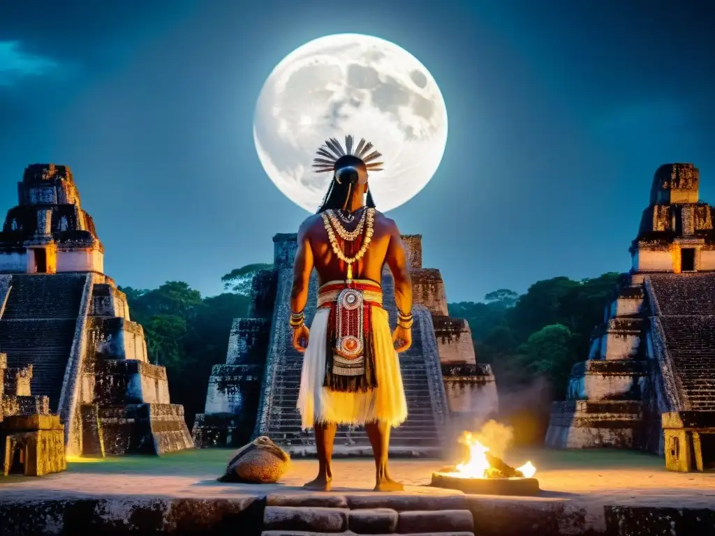 Un chamán maya realiza una ceremonia lunar en las ruinas de Tikal, evocando poder oculto