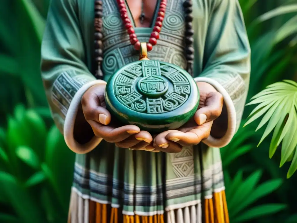 Un chamán maya sostiene una piedra de jade verde con intrincadas carvings, entre exuberante follaje tropical