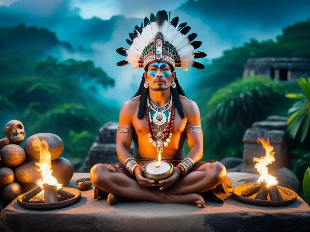 Un chamán maya realiza un ritual bajo un cielo estrellado en la selva, rodeado de ruinas, símbolos y antorchas