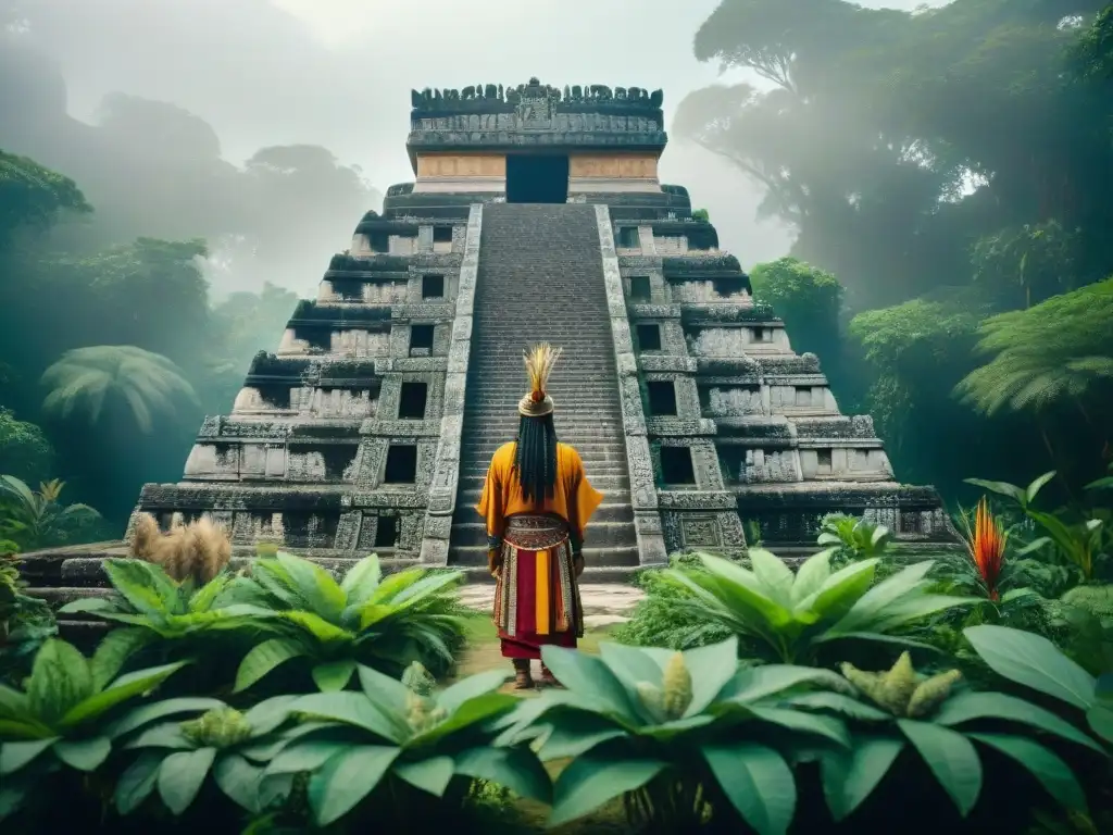 Un chamán maya realizando un ritual con hierbas místicas en un templo antiguo rodeado de exuberante vegetación, evocando los Usos mágicos de hierbas