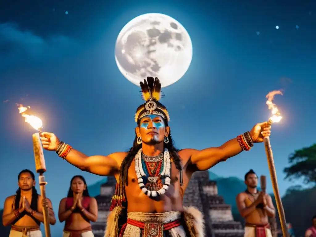 Un chamán maya realiza un ritual lunar en la noche, con antorchas iluminando el sitio ceremonial