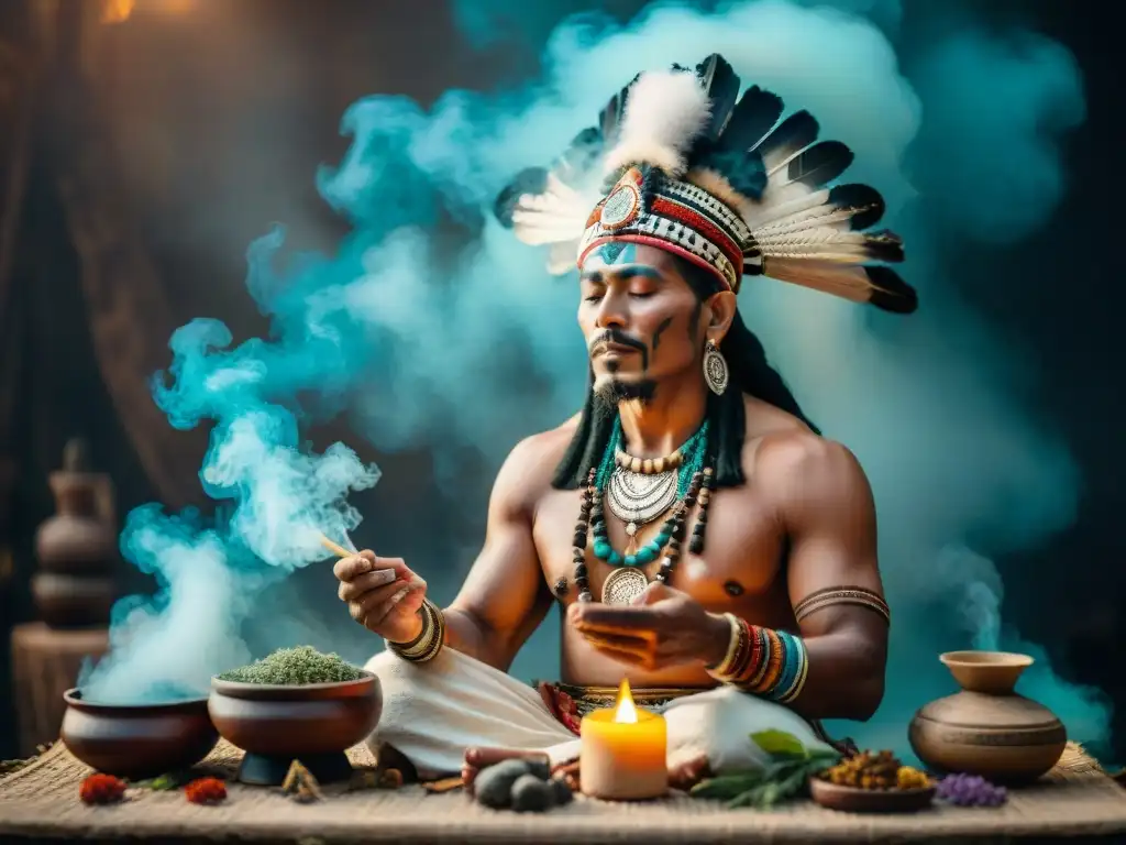 Un chamán maya realiza un ritual sagrado con aceites esenciales, creando una atmósfera mística