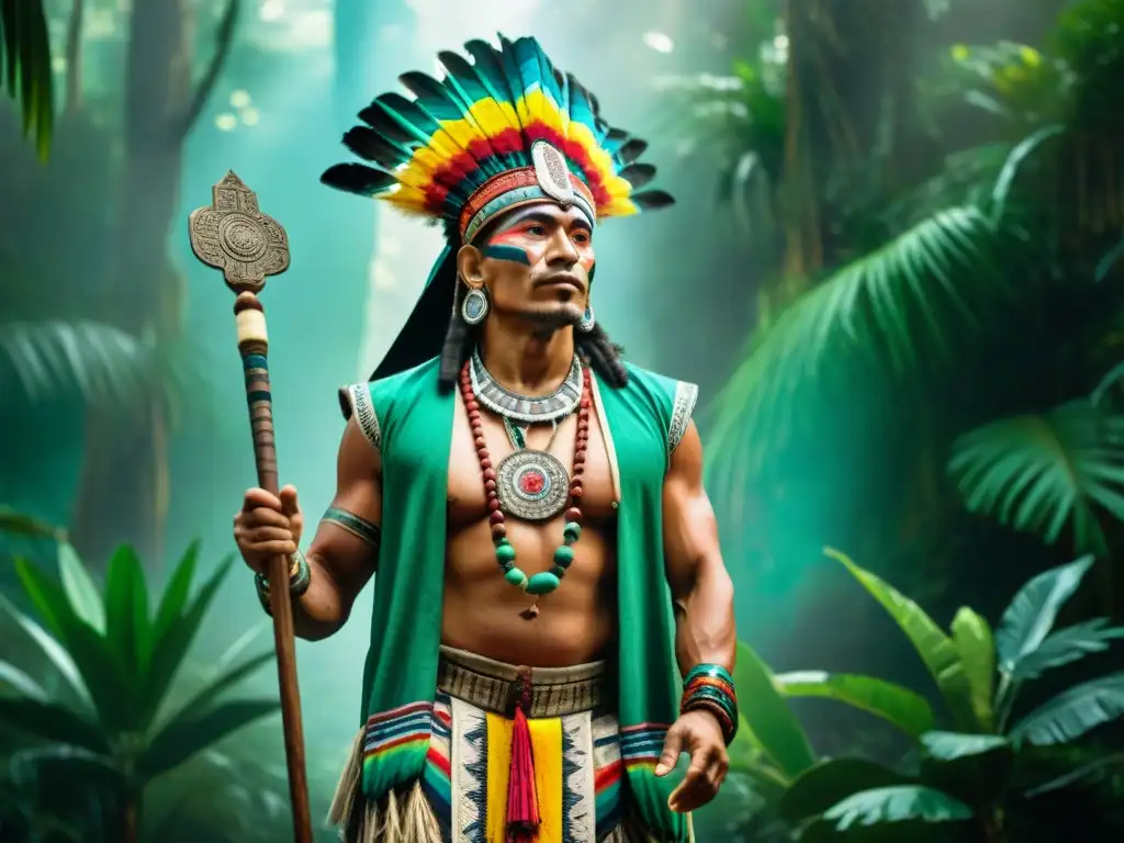 Un chamán maya con vestimenta tradicional llena de símbolos y patrones coloridos en la selva