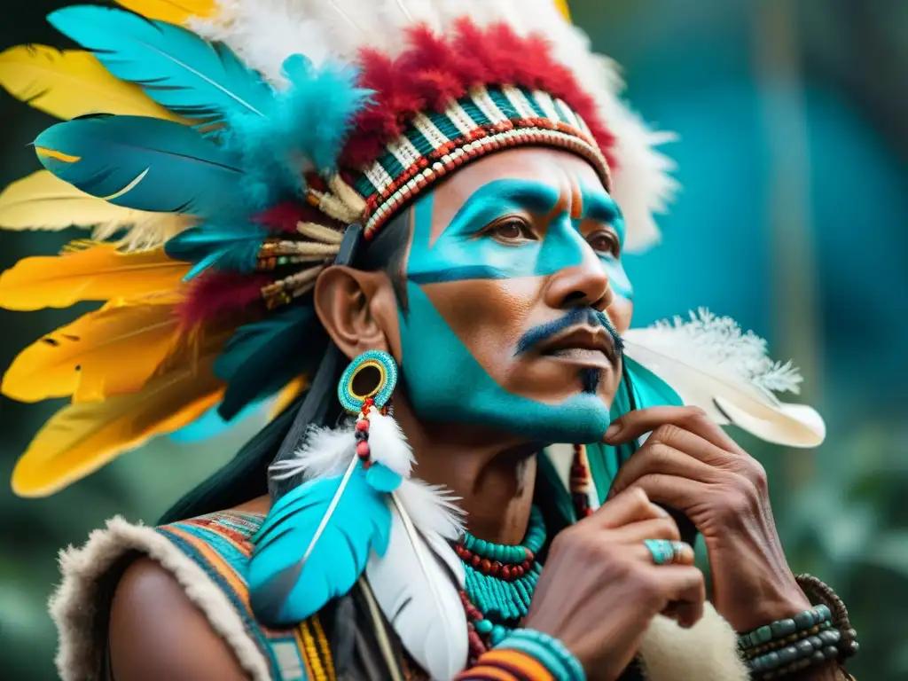 Un chamán nativo americano tejiendo un tocado ceremonial con plumas coloridas, transmitiendo tradición y espiritualidad