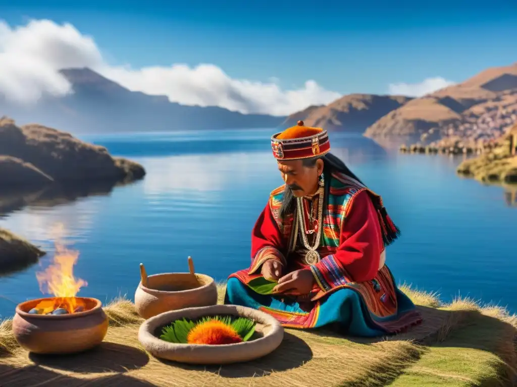 Un chamán realiza un ritual andino en el lago Titicaca al amanecer, rodeado de ofrendas y la majestuosidad de los Andes