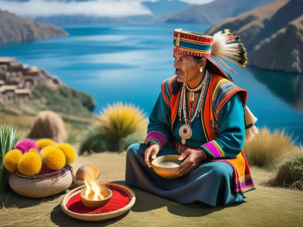 Un chamán realiza un ritual Andino en las serenas orillas del Lago Titicaca, rodeado de montañas y flora, creando una atmósfera espiritual