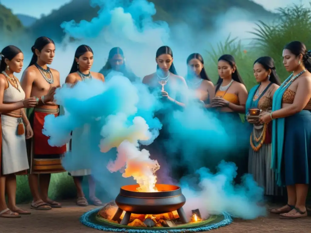 Un chamán lidera un ritual indígena antiguo con aromaterapia, rodeado de naturaleza exuberante y cielo azul