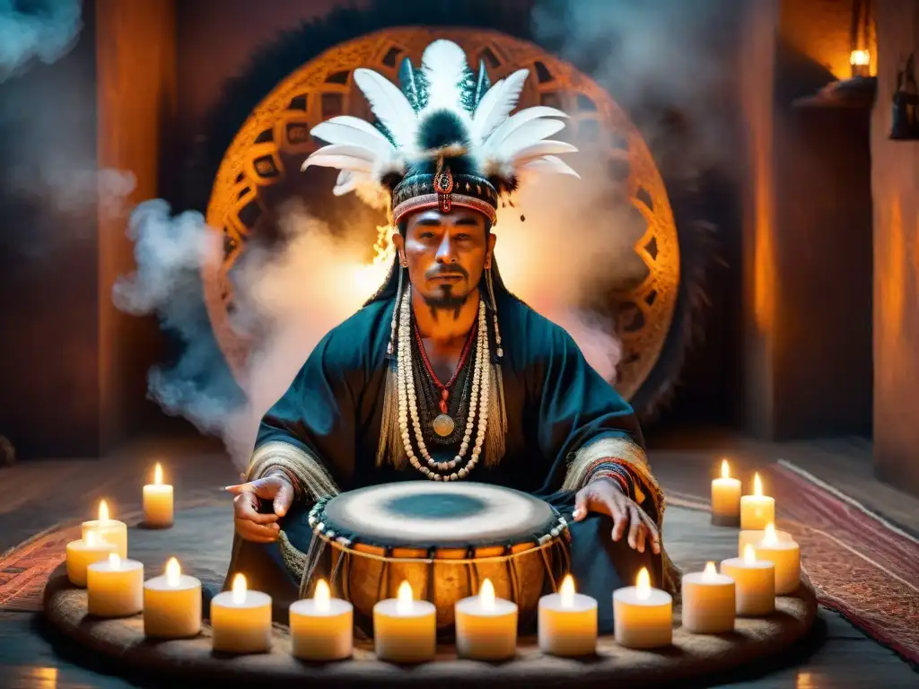 Un chamán meditando rodeado de velas en ritual antiguo