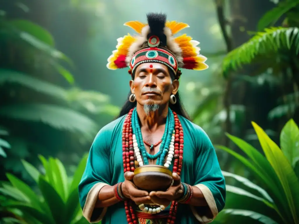 Un chamán en la selva amazónica del Antiguo Perú, conectado con la naturaleza y practicando sus ceremonias espirituales